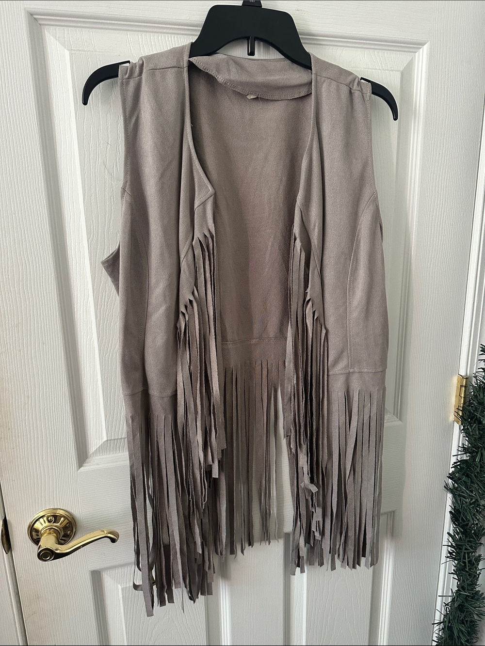 Fringe Suede Vest Skirt Overlay in Taupe